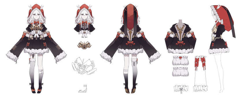 1girl, absurdres, android, asymmetrical_legwear, back, bow, reference_sheet, closed_mouth, cuicuijiao, detached_sleeves, dress, frilled_dress, frilled_legwear, frilled_sleeves, frills, garter_straps, gears, gradient_legwear, grey_background, grey_eyes, hair_between_eyes, high_heels, highres, hood, hood_up, long_hair, mismatched_legwear, multiple_views, no._21_(pgr), no._21:_xxi_(red_hoodie)_(pgr), orange_bow, profile, punishing:_gray_raven, red_bow, red_hood, simple_background, sleeves_past_fingers, sleeves_past_wrists, standing, striped_clothes, striped_legwear, thigh_strap, white_bow