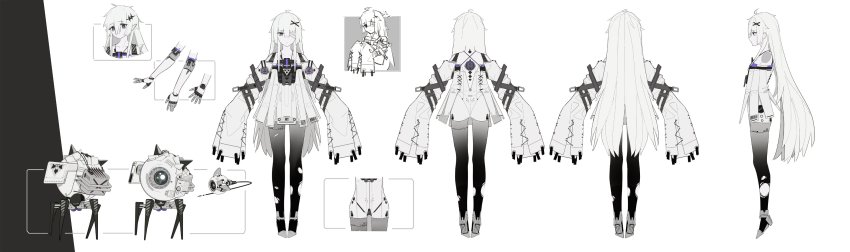 1girl, absurdres, ahoge, android, back, bandage_over_one_eye, bandages, barcode, bare_shoulders, black_legwear, bright_pupils, reference_sheet, closed_mouth, collarbone, colored_skin, cuicuijiao, multiple_expressions, eyes_visible_through_hair, gradient_legwear, grey_eyes, grey_hair, grey_skin, hair_between_eyes, hair_ornament, highres, long_hair, long_sleeves, mechanical_arms, multiple_views, no._21:_xxi_(pgr), no._21_(pgr), pale_skin, pointy_ears, profile, punishing:_gray_raven, robot, shy, simple_background, sleeves_past_fingers, sleeves_past_wrists, standing, star_(symbol), star_hair_ornament, torn_clothes, torn_legwear, very_long_hair, white_background, white_pupils, x_hair_ornament