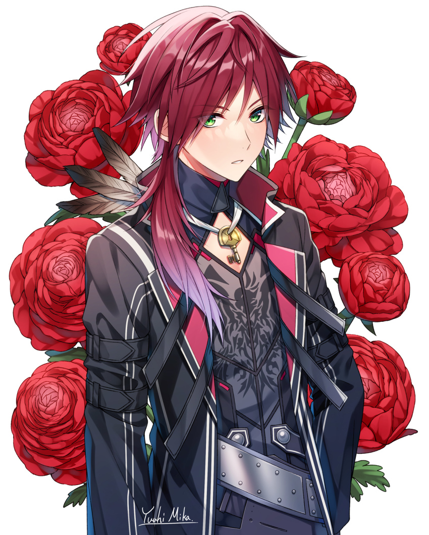 1boy, arm_belt, black_jacket, eyes_visible_through_hair, feathers, flower, gradient_hair, green_eyes, hair_behind_ear, highres, jacket, jewelry, key, key_necklace, lauren_iroas, lauren_iroas_(1st_costume), long_hair, long_sleeves, male_focus, multicolored_hair, necklace, nijisanji, open_clothes, open_jacket, ponytail, red_hair, rose, signature, solo, virtual_youtuber, white_background, yuuhi_mika