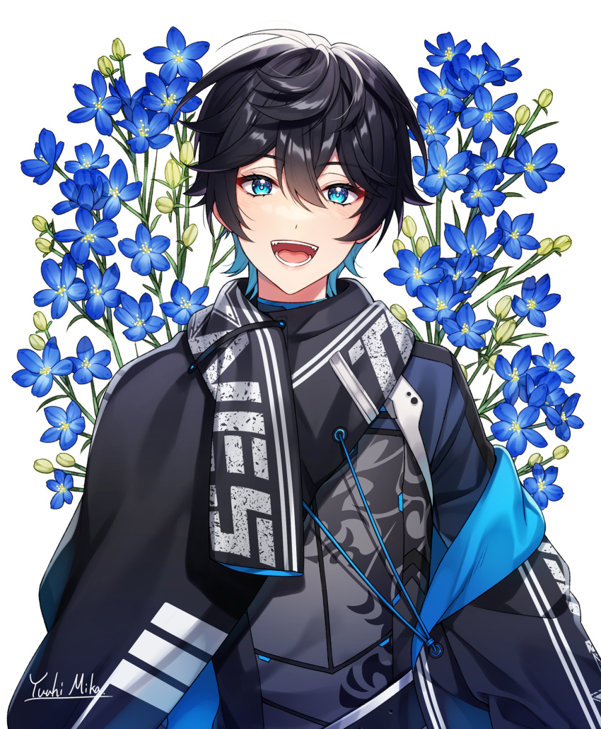 1boy, axia_krone, axia_krone_(1st_costume), black_hair, black_scarf, blue_eyes, blue_flower, blue_hair
