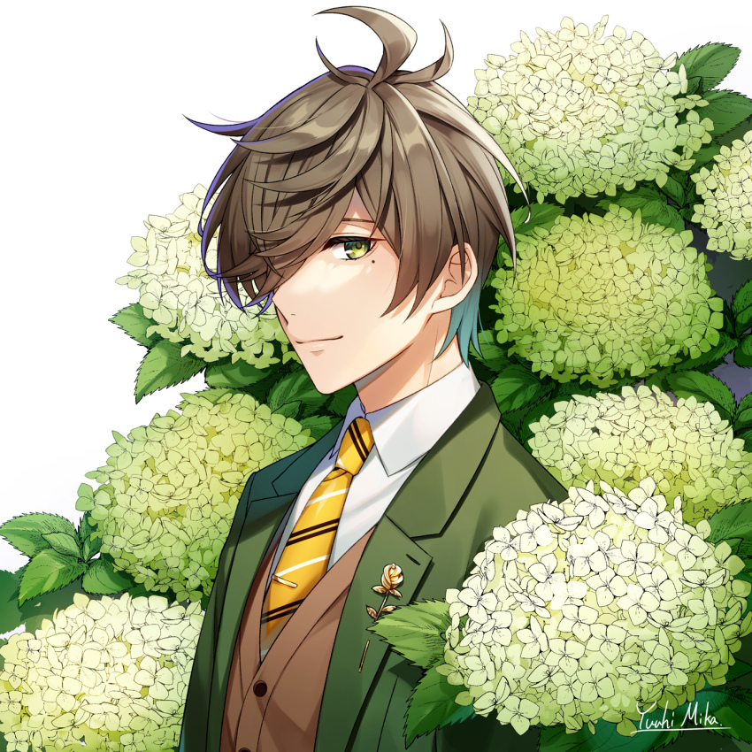1boy, blazer, blouse, brown_hair, collared_shirt, green_eyes, green_jacket, hair_over_one_eye