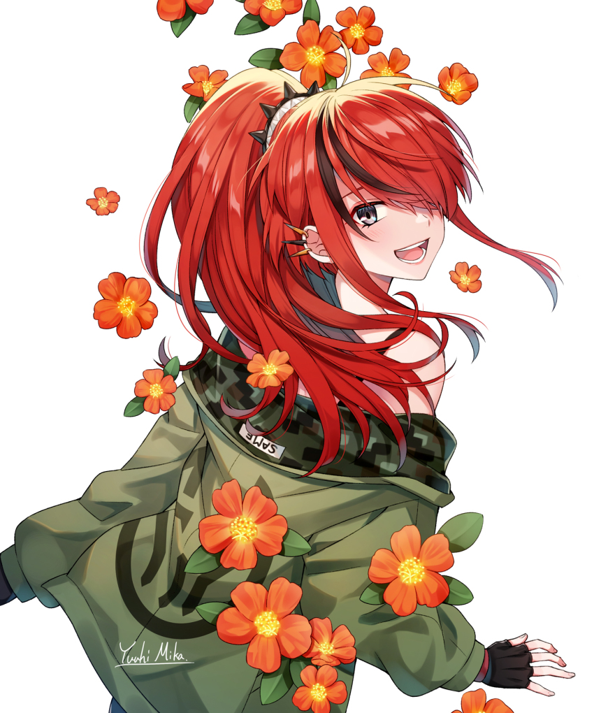 1girl, bare_shoulders, black_hair, ear_piercing, fingerless_gloves, flower, gloves, green_jacket