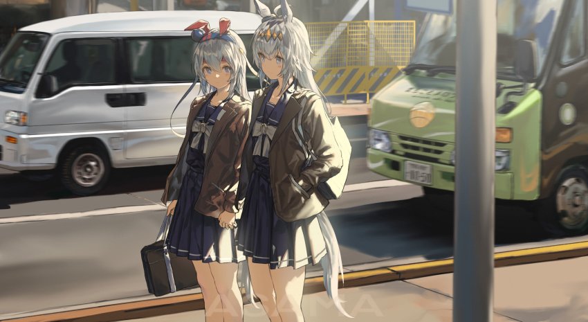 2girls, absurdres, animal_ears, artist_name, asama_(drift_in), bag, blue_eyes, blush_stickers, bow, brown_jacket, day, fence, grey_hair, hair_ornament, hairband, hand_in_pocket, headband, highres, holding, holding_bag, holding_hands, horse_ears, horse_girl, horse_tail, jacket, long_hair, looking_at_another, miu404, motor_vehicle, multiple_girls, oguri_cap_(umamusume), open_clothes, open_jacket, outdoors, pleated_skirt, purple_shirt, purple_skirt, road, sailor_collar, school_bag, school_uniform, shirt, shoulder_bag, skirt, standing, subaru_sambar, tail, tamamo_cross_(umamusume), toyota_quick_delivery, tracen_school_uniform, umamusume, utility_pole, van, vehicle_focus, watermark, white_bow