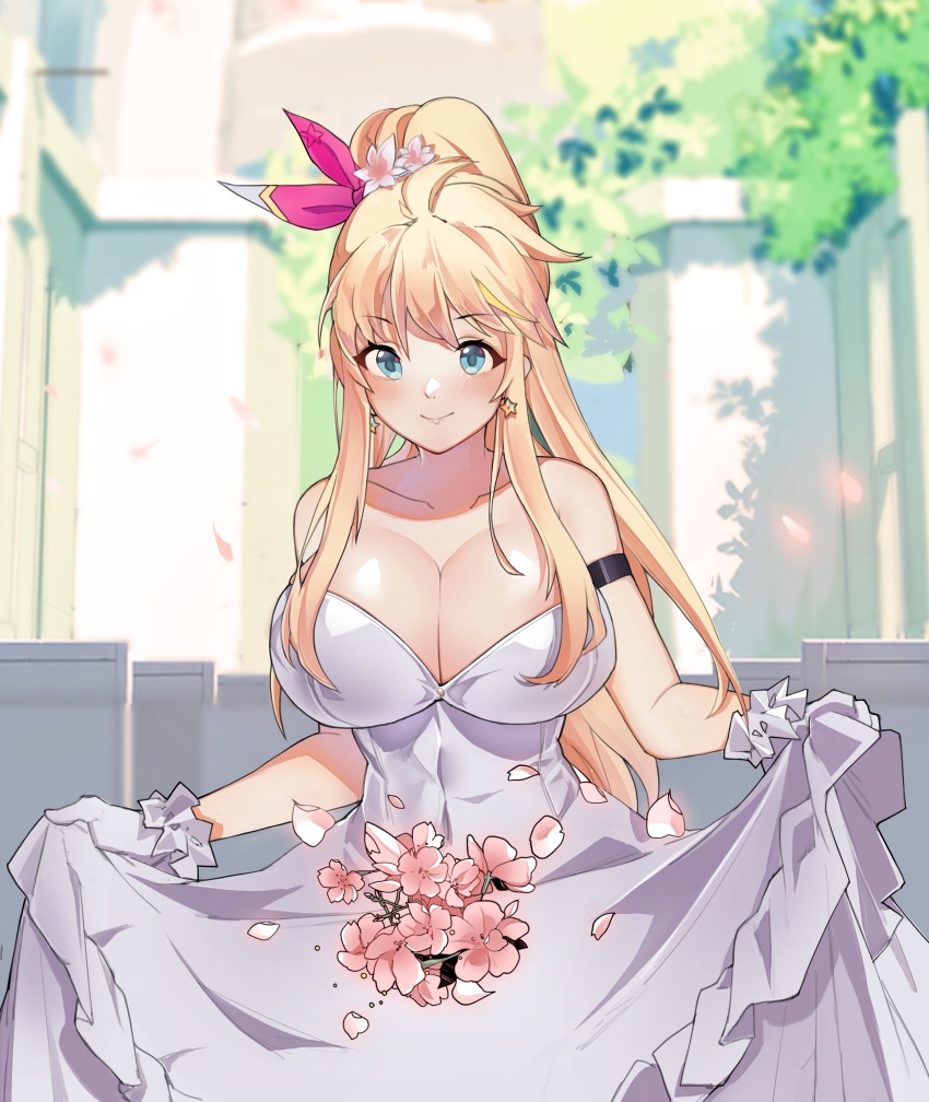1girl, absurdres, blonde_hair, blue_eyes, breasts, bride, dress, flower