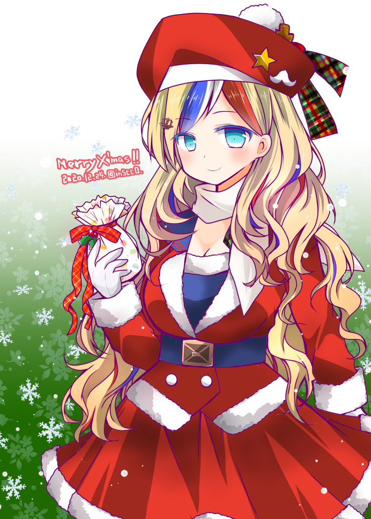 1girl, alternate_costume, beret, blonde_hair, blue_eyes, blue_hair, commandant_teste_(christmas)_(kancolle), commandant_teste_(kancolle)
