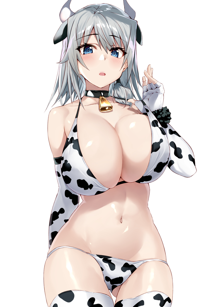 1girl, animal_ears, animal_print, bare_shoulders, bell, bikini, blue_eyes, blush, breasts, choker, cleavage, collarbone, cow_ears, cow_horns, cow_print, cow_print_bikini, cowbell, elbow_gloves, elsa_(s-rank_boukensha), gloves, grey_hair, highres, horns, huge_breasts, image_sample, long_hair, looking_at_viewer, navel, neck_bell, open_mouth, pixiv_sample, print_bikini, s-rank_boukensha_de_aru_ore_no_musume_tachi_wa_juudo_no_fathercon_deshita, shiny_skin, simple_background, solo, swimsuit, syunichi, thighhighs, white_background, white_bikini, white_gloves, white_thighhighs
