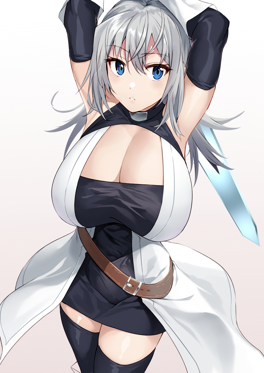 1girl, bare_shoulders, belt, black_dress, black_gloves, black_thighhighs, blue_eyes, blush