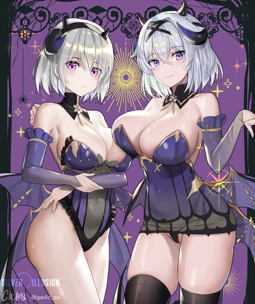 2girls, arm_under_breasts, bare_shoulders, black_legwear, black_panties, breast_press, breasts, cleavage