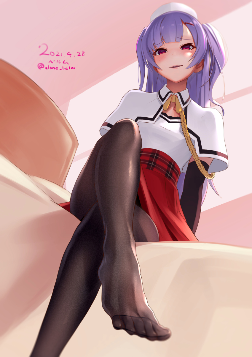 1girl, absurdres, ajax_(azur_lane), alone_belm, azur_lane, bed, black_pantyhose, blush, breasts, crossed_legs, dated, feet, foot_focus, from_below, hair_ornament, hairclip, highres, lips, long_hair, looking_at_viewer, looking_down, no_shoes, open_mouth, pantyhose, purple_eyes, purple_hair, red_skirt, simple_background, sitting, skirt, small_breasts, smirk, solo, sweatdrop, teeth, toes, twitter_username, upper_teeth_only, white_headwear