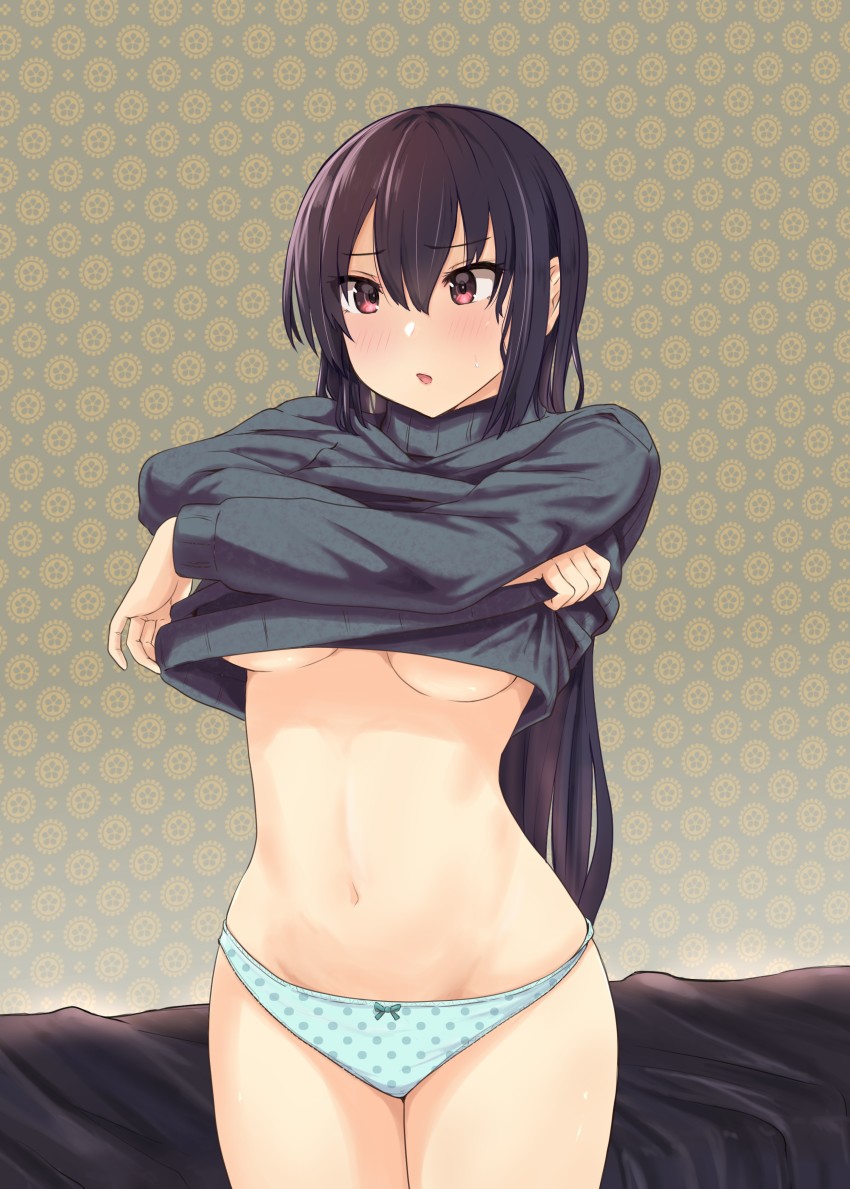 1girl, absurdres, alternate_costume, black_hair, black_sweater, blue_panties, bow, bow_panties