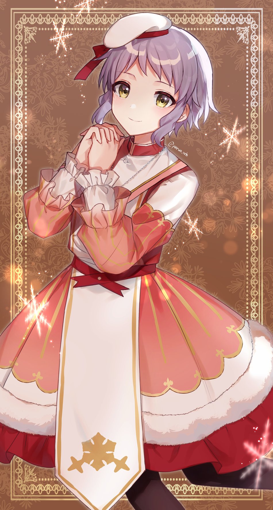 1girl, beret, black_legwear, dress, framed, frilled_sleeves, frills, fur-trimmed_dress