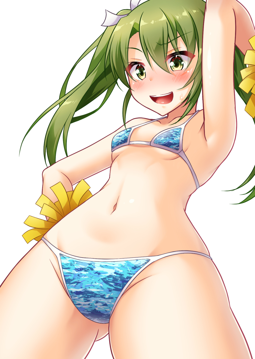 1girl, bikini, blush, green_eyes, green_hair, hair_ribbon, highres, kantai_collection
