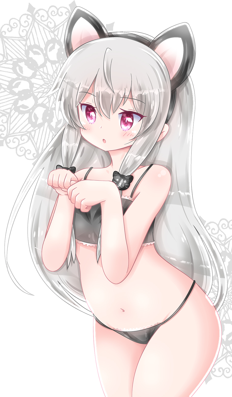 1girl, :o, animal_ears, bare_arms, belly, black_bra, black_panties, blush, bra, cat_ears, cat_hair_ornament, child, cowboy_shot, dot_nose, expressionless, eyebrows, eyelashes, fake_animal_ears, female_focus, flat_chest, frills, grey_hair, hair_between_eyes, hair_ornament, hands_up, highres, hotaruru, lingerie, long_hair, looking_afar, navel, open_mouth, panties, paw_pose, red_eyes, sidelocks, solo, sophie_twilight, spaghetti_strap, standing, tonari_no_kyuuketsuki-san, underwear, vampire, white_background
