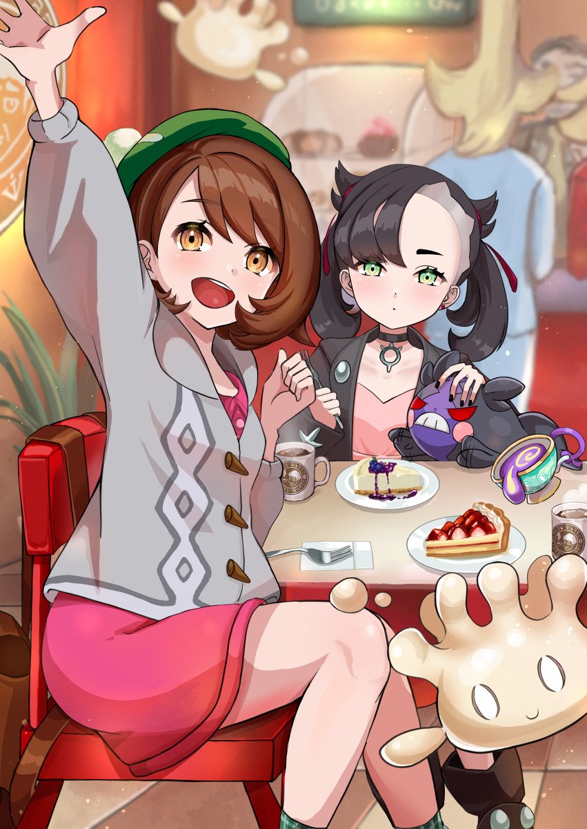 2boys, 2girls, :d, arm_up, asymmetrical_bangs, black_choker, black_hair, black_jacket