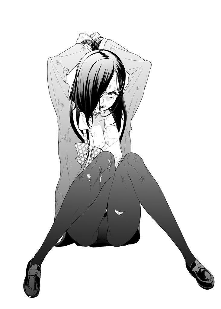 1girl, angry, arms_up, bdsm, bondage, bound, caligula_(game), caligula_(series), clenched_teeth, collared_shirt, female_focus, greyscale, hair_ornament, hair_over_one_eye, hairclip, injury, long_hair, looking_at_viewer, mameojitan, monochrome, pantyhose, ryona, shirt, shoes, simple_background, solo, teeth, thorn_(caligula), torn_clothes, torn_pantyhose