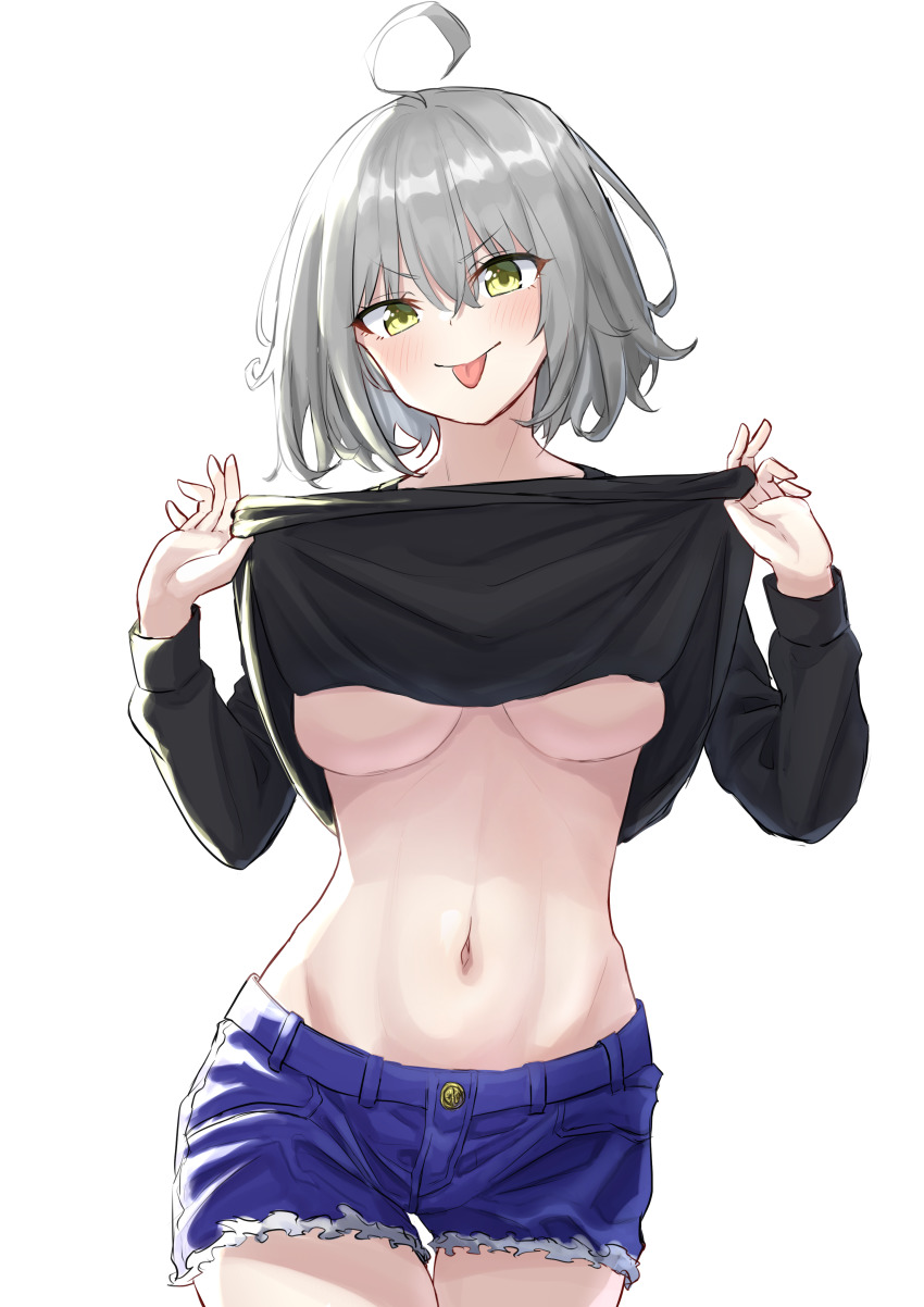 1girl, absurdres, ahoge, breasts, denim, eyebrows_hidden_by_hair, fate/grand_order, fate_(series)