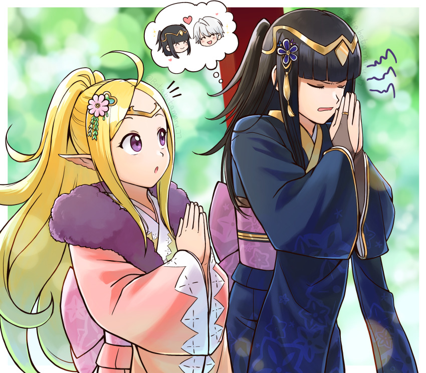 2girls, alternate_costume, betabetamaru, black_hair, blonde_hair, bridal_gauntlets, closed_eyes, commission, fire_emblem, fire_emblem_awakening, gradient_hair, grey_hair, heart, highres, japanese_clothes, kimono, male_robin_(fire_emblem), multicolored_hair, multiple_girls, nintendo, nowi_(fire_emblem), own_hands_together, pointy_ears, ponytail, praying, purple_eyes, see-through_bridal_gauntlets, short_twintails, skeb_commission, tharja_(fire_emblem), twintails