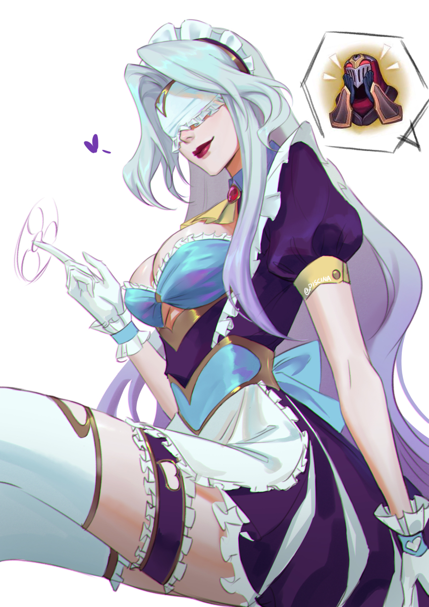 1boy, 1girl, absurdres, breasts, brooch, cleavage, feet_out_of_frame, finger_twirl, gloves, glowing, glowing_eyes, gradient_hair, highres, jewelry, league_of_legends, lipstick, makeup, mask, multicolored_hair, piscina, puffy_short_sleeves, puffy_sleeves, purple_hair, short_sleeves, syndra, thigh_strap, white_background, white_gloves, white_hair, white_legwear, yellow_neckwear, zed_(league_of_legends)