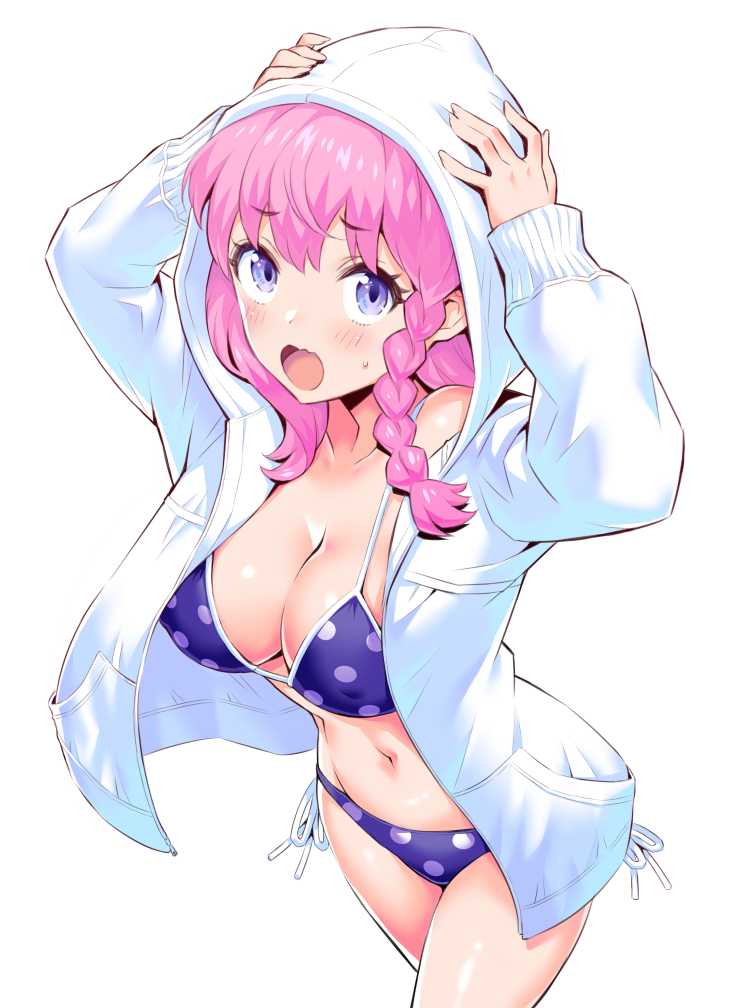 1girl, bikini, braid, breasts, cleavage, commentary_request, cowboy_shot, hood