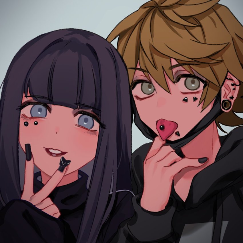 1boy, 1girl, black_hair, black_nails, blonde_hair, ear_piercing, eyebrows, face_mask