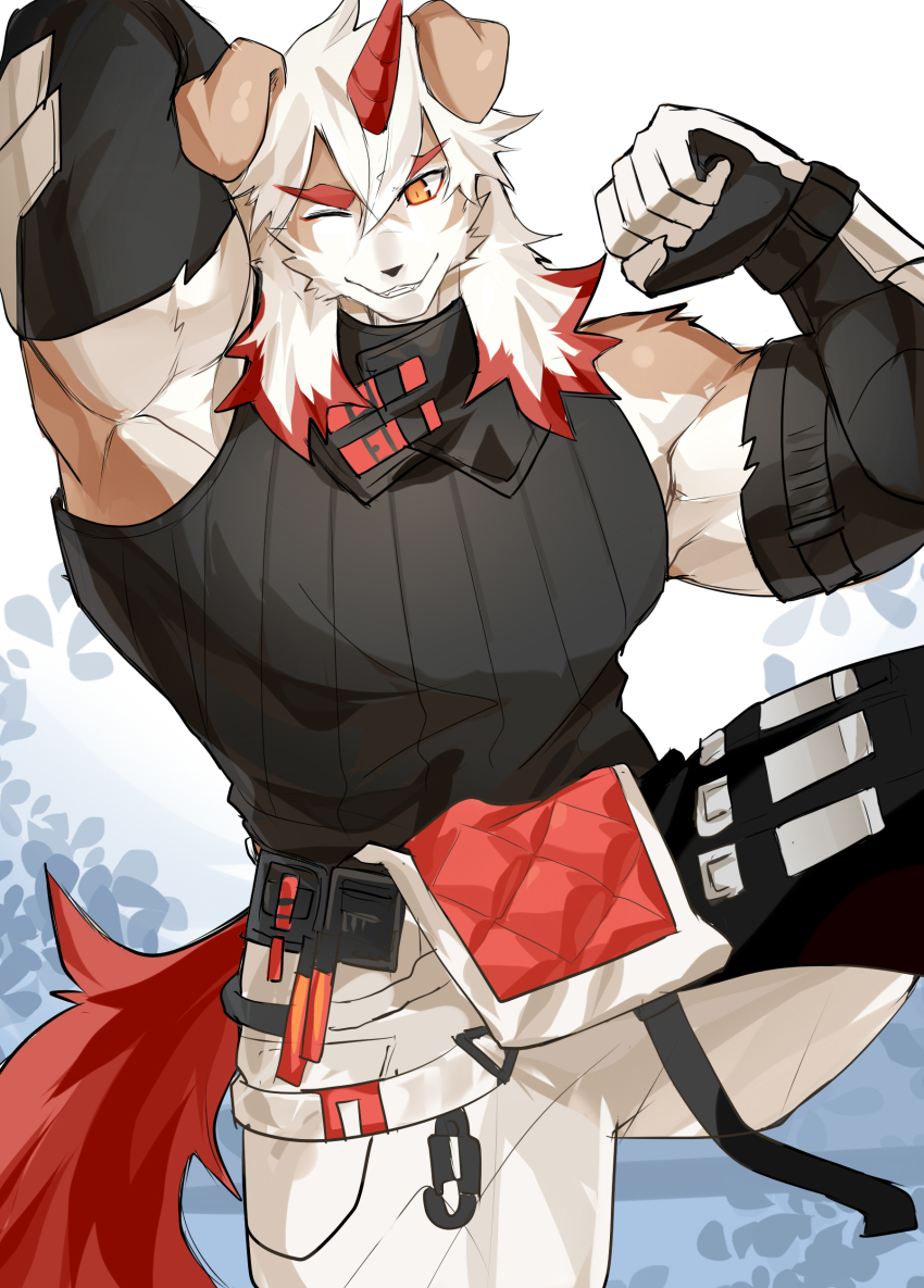 1boy, ;d, absurdres, animal_ears, ao_(chung0u0), arknights, bara, bare_shoulders