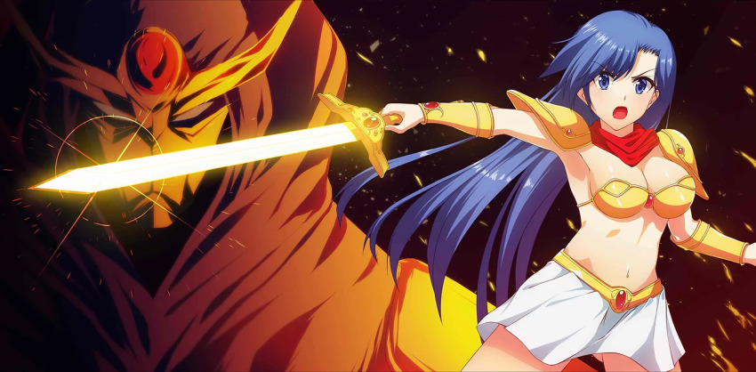 1boy, 1girl, armor, artist_request, asou_yuuko, bandana, bikini_armor, blue_eyes