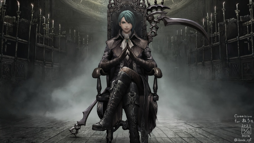 1girl, ascot, asymmetrical_hair, bloodborne, boots, candle, candlestand, chair