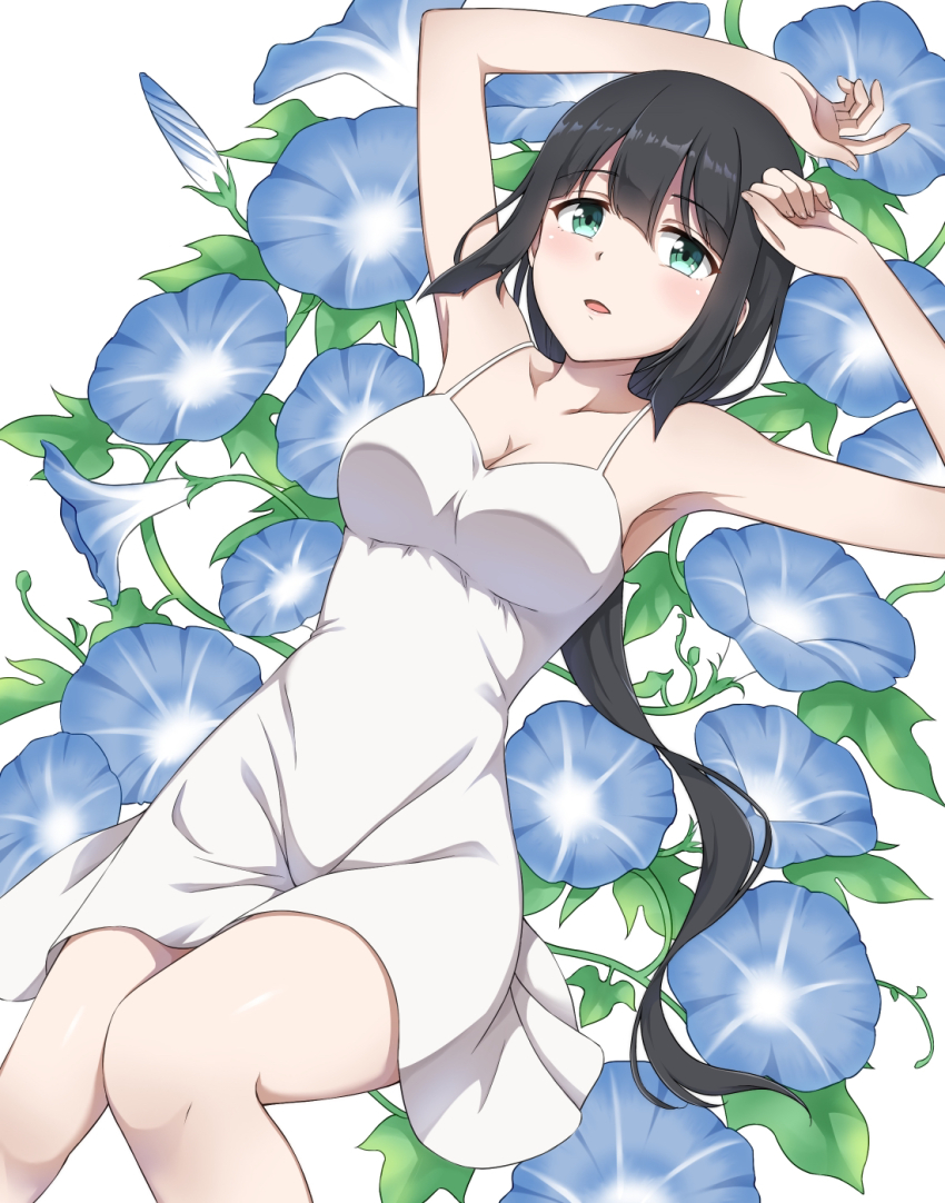 1girl, aqua_eyes, armpits, arms_up, bare_arms, black_hair, blue_flower, blunt_bangs