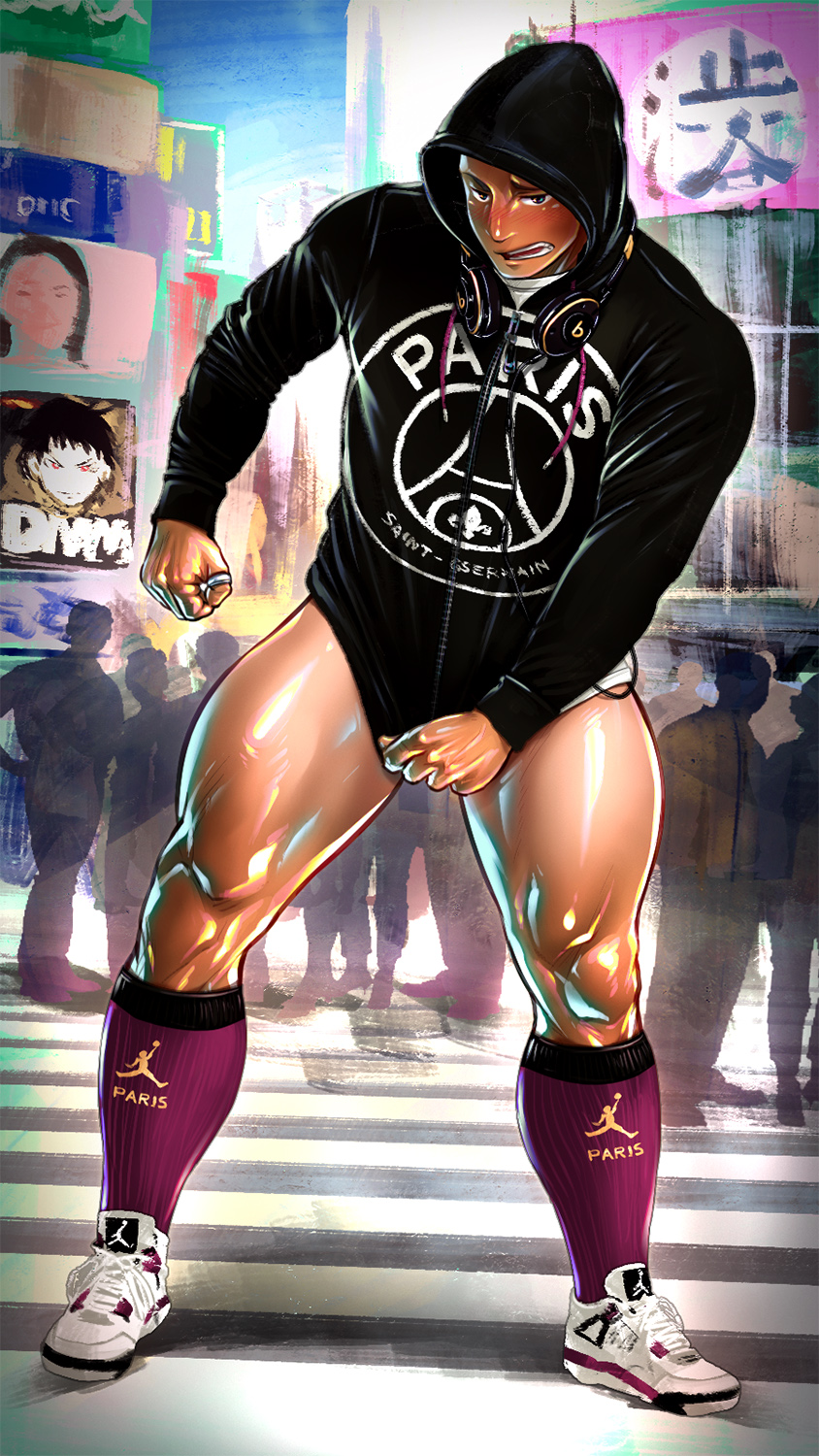 1boy, air_jordan, air_jordan_4, artisticjinsky, bara, beats_by_dr._dre, black_jacket, blush, bottomless, covering_crotch, covering_privates, dark-skinned_male, dark_skin, embarrassed, extra, headphones, headphones_around_neck, highres, hood, hood_up, hooded_jacket, jacket, jewelry, looking_at_viewer, male_focus, muscular, muscular_legs, muscular_male, no_male_underwear, open_mouth, original, paris_saint-germain, people, public_indecency, ring, shiny_skin, shoes, sneakers, socks, thighs