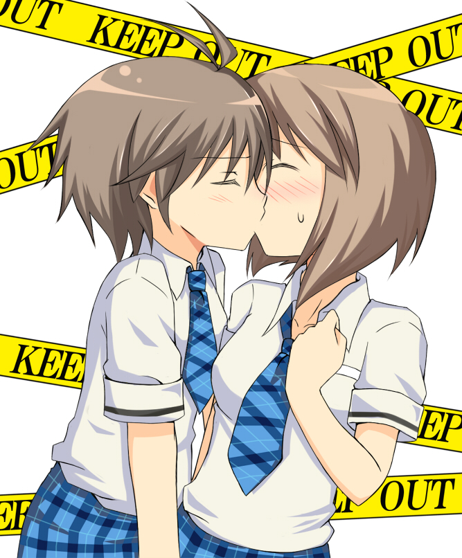 00s, 2girls, antenna_hair, blush, brown_hair, caution_tape, closed_eyes, collarbone, hagiwara_yukiho, hanaharu_(sirakawagou), idolmaster, idolmaster_(classic), keep_out, kikuchi_makoto, kiss, multiple_girls, necktie, plaid_clothes, plaid_skirt, rough_time_school, school_uniform, skirt, sweatdrop, yuri
