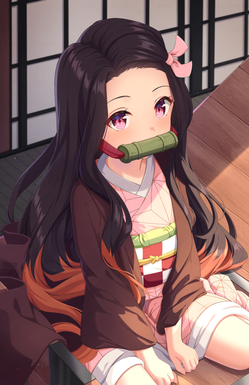 1girl, asa_no_ha_(pattern), bamboo, between_legs, bit_gag, black_hair, black_jacket, blush, box, checkered_sash, commentary, english_commentary, forehead, from_above, gag, gagged, hair_ribbon, hand_between_legs, haori, highres, in_box, in_container, indoors, jacket, japanese_clothes, kamado_nezuko, kimetsu_no_yaiba, kimono, long_hair, looking_at_viewer, looking_up, mouth_hold, multicolored_hair, on_floor, orange_hair, pink_eyes, pink_kimono, pink_ribbon, ribbon, seiza, sitting, slit_pupils, solo, staring, tatami, tiri, two-tone_hair, very_long_hair, wide_sleeves
