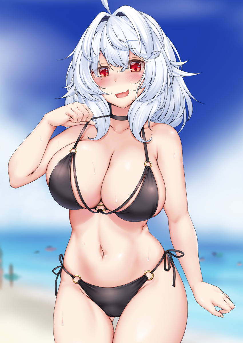 beach, bikini, black_bikini, blue_sky, blurry, blurry_background, breasts, cleavage, cloud, cowboy_shot, highres, hodunomiya_mirai, huge_breasts, large_breasts, multi-strapped_bikini, navel, ocean, open_mouth, original, red_eyes, side-tie_bikini_bottom, silver_hair, sky, strelka_belca, swimsuit