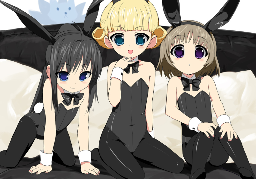 10s, 3girls, amatsuka_mari, amatsuka_mizuki, amatsuka_sakura, animal_ears, baby_princess, black_hair, blonde_hair, blue_eyes, bow, bowtie, brown_hair, fake_animal_ears, flat_chest, green_eyes, kusaka_souji, multiple_girls, nail_polish, pantyhose, pink_nails, playboy_bunny, purple_eyes, rabbit_ears, short_hair, wrist_cuffs