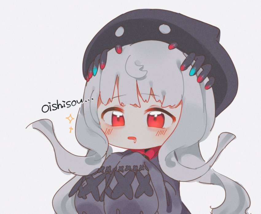 1girl, beret, black_dress, black_hat, chibi, dress, grey_hair, hat, highres, long_hair, long_sleeves, nijisanji, nijisanji_en, open_mouth, portrait, red_eyes, reimu_endou, shio_(plkqd), sleeves_past_fingers, sleeves_past_wrists, solo, sparkle, virtual_youtuber, white_background