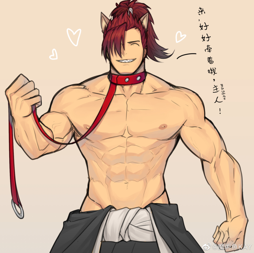 1boy, abs, animal_ears, bara, fate/grand_order, fate_(series), hair_over_one_eye, highres