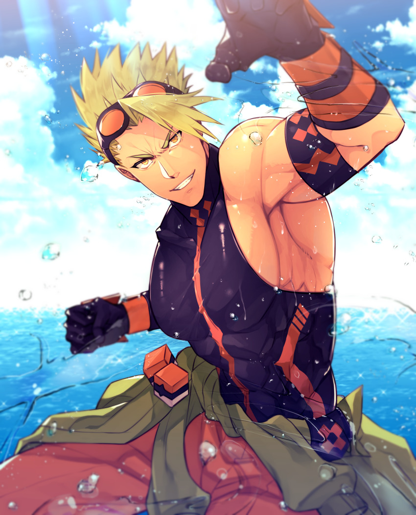 1boy, absurdres, achilles_(fate), achilles_(fearless_diver)_(fate), bara, bare_shoulders, fate/apocrypha, fate/grand_order