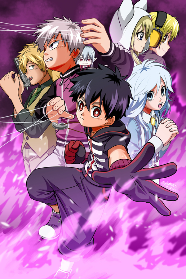 iwakiyamayukisatoshironanogojuurokushi_akira, black_gloves, black_hair, blonde_hair, commentary_request, fire, gloves, gun