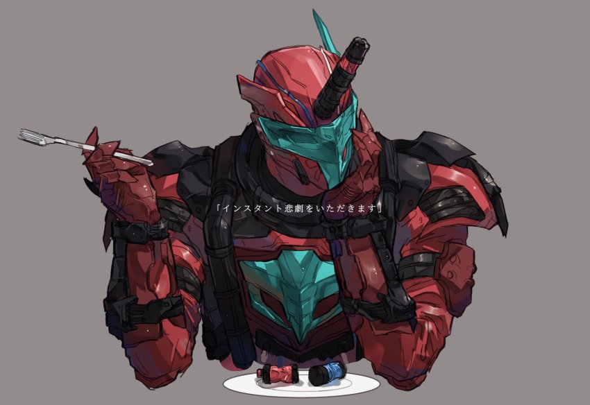 1boy, armlet, armor, bbbb_fex, between_fingers, blood_stalk, blue_horns, bodysuit, cobra_(animal), fork, fullbottle, gloves, hand_on_own_face, highres, holding, horns, jewelry, jumpsuit, kamen_rider, kamen_rider_build_(series), looking_to_the_side, plate, rabbit_fullbottle, red_bodysuit, red_gloves, red_jumpsuit, tank_fullbottle, vest, visor, wire