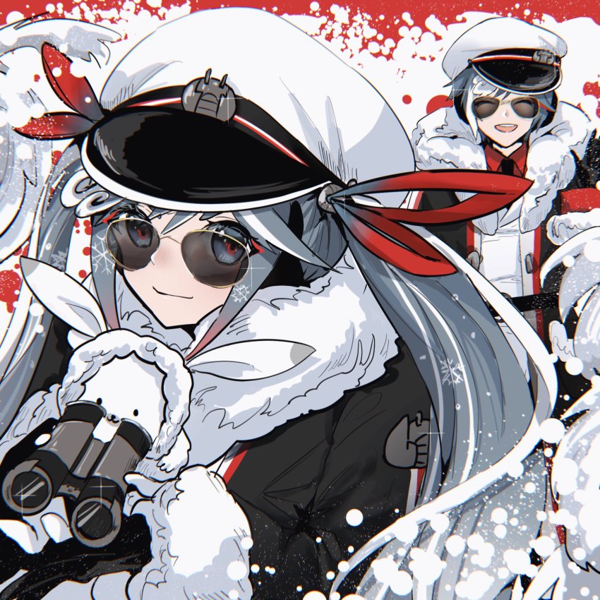 1boy, 1girl, 1other, animal, aviator_sunglasses, badge, binoculars, black_coat, black_gloves, black_necktie, blue_eyes, blue_hair, closed_eyes, coat, commentary, fur-trimmed_coat, fur-trimmed_hood, fur_trim, glasses, gloves, hair_ribbon, hat, hatsune_miku, highres, holding, holding_animal, holding_binoculars, hood, hood_up, jacket, kaito_(vocaloid), libertyp39, long_hair, looking_at_viewer, military, military_uniform, multicolored_eyes, naval_uniform, necktie, peaked_cap, rabbit_yukine, red_ribbon, red_shirt, ribbon, shirt, smile, sunglasses, twintails, upper_body, very_long_hair, vocaloid, white_headwear, white_jacket, yuki_kaito, yuki_kaito_(2022), yuki_miku, yuki_miku_(2022)