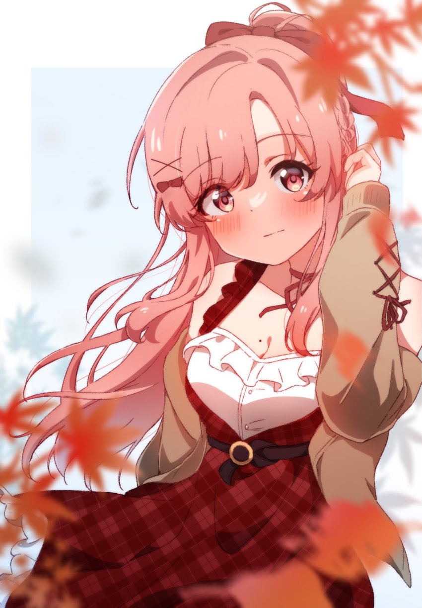 1girl, autumn_leaves, belt, black_belt, blurry, blurry_foreground, bow, breasts, brown_bow, cleavage, commission, dress, floating_hair, hair_bow, highres, kirizuki_reika, leaf, long_hair, looking_at_viewer, medium_breasts, mole, mole_on_breast, nini_yuuna, nini_yuuna_(3rd_costume), pink_eyes, pink_hair, plaid_clothes, plaid_dress, red_dress, skeb_commission, smile, solo, tsunderia, virtual_youtuber
