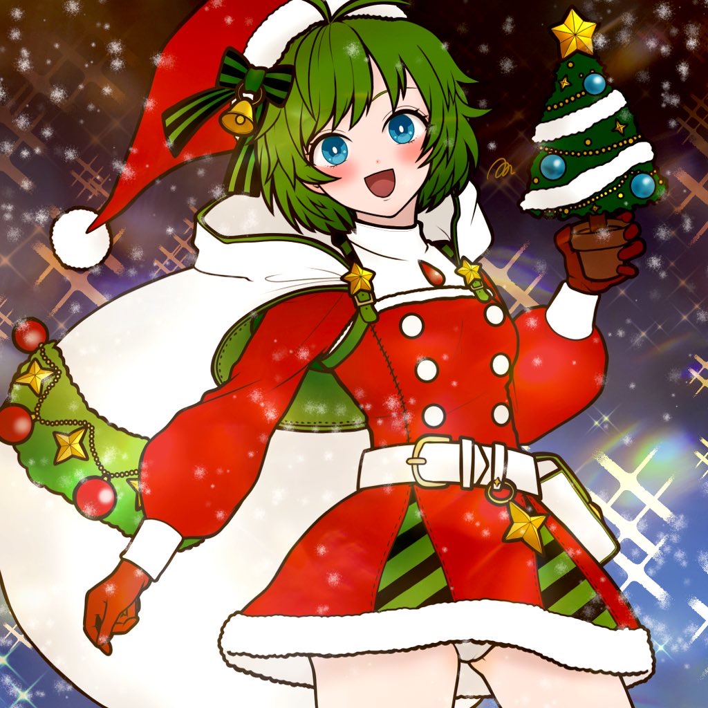 1girl, :d, bell, belt, blue_eyes, cape, christmas, christmas_tree