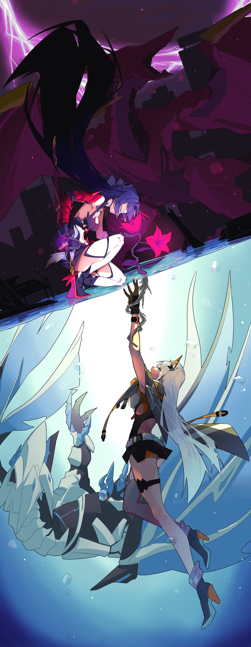 2girls, absurdres, arm_up, armor, benares_(honkai_impact), black_footwear, black_gloves, black_jacket