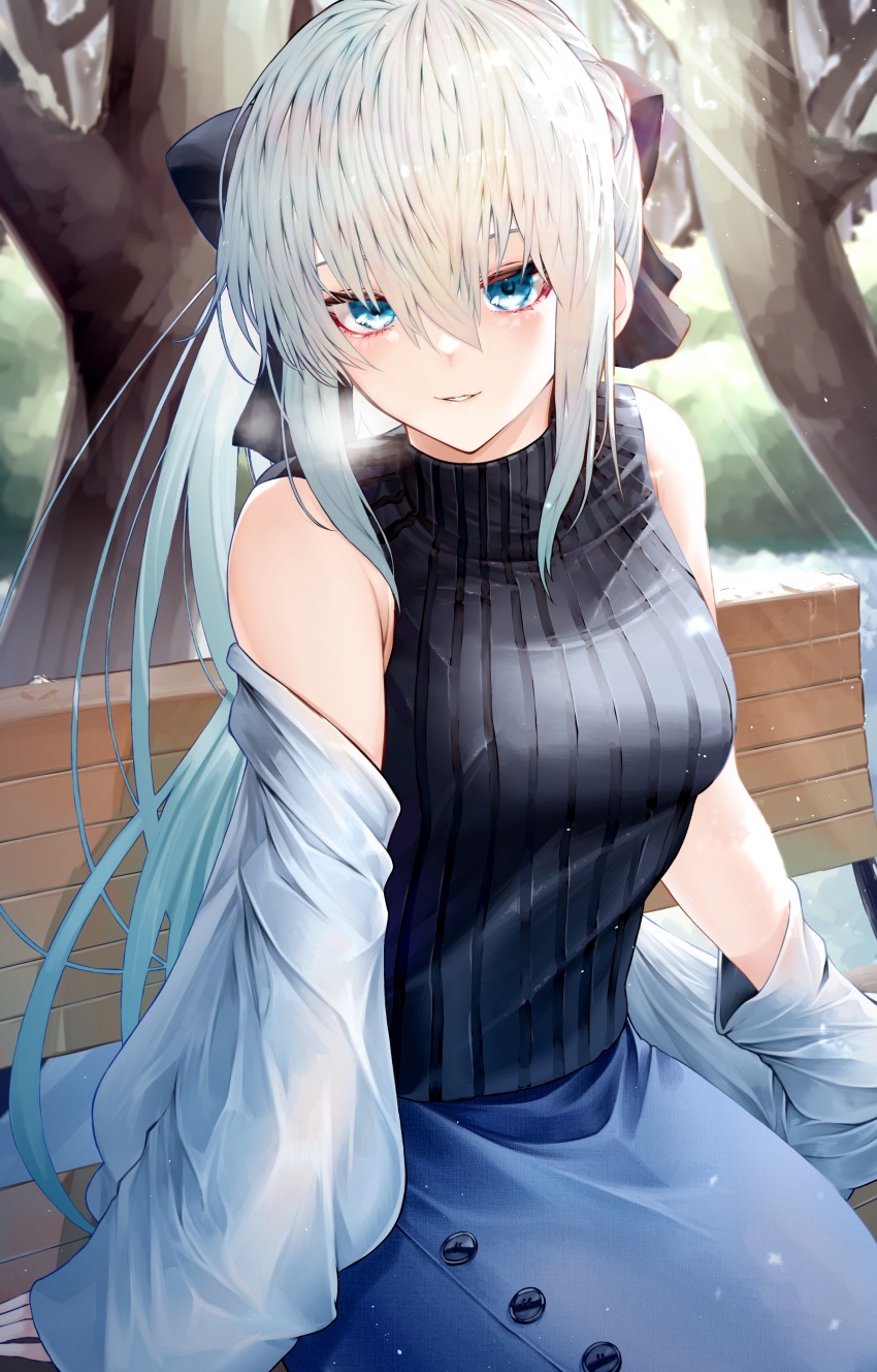1girl, absurdres, bare_shoulders, bench, black_bow, black_sweater, blue_eyes, blue_skirt