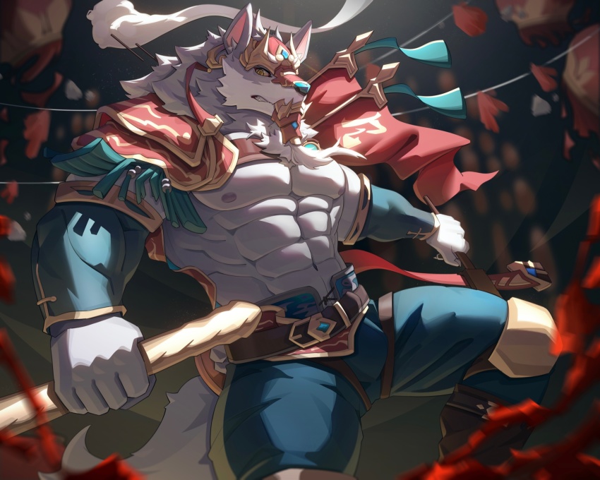 1boy, abs, animal_ears, bara, bare_pectorals, beard, bulge, detached_sleeves, facial_hair, fighting_stance, furry, furry_male, grey_fur, highres, large_pectorals, law_(sdorica), leg_strap, long_beard, looking_at_viewer, male_focus, mature_male, muscular, muscular_legs, muscular_male, navel, nipples, pectorals, sdorica, solo, stomach, thigh_strap, thighs, uiokv, underpec, wolf_boy, wolf_ears
