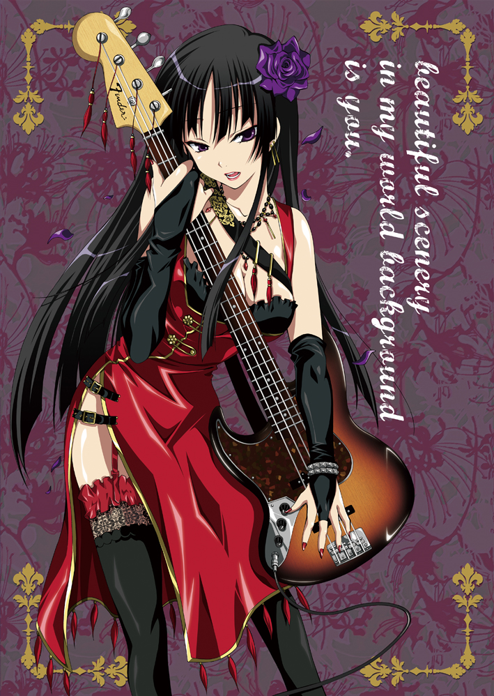 00s, 1girl, akiyama_mio, bass_guitar, black_hair, breasts, bridal_gauntlets, china_dress