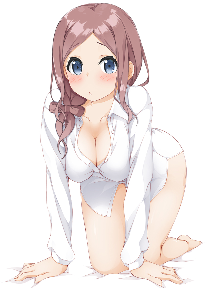 all_fours, blue_eyes, blush, breasts, brown_hair, cleavage, closed_mouth, collarbone
