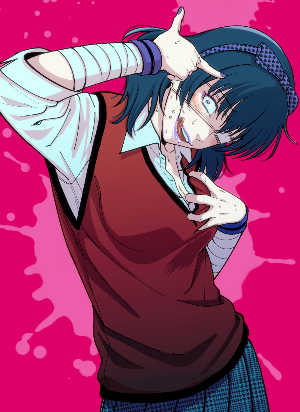 bandaged_wrist, bandages, blush, finger_gun, finger_gun_to_head, headband, highres, ikishima_midari