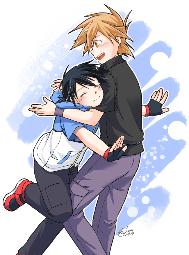 2boys, :d, ash_ketchum, bad_id, bad_pixiv_id, black_gloves, black_hair, black_shirt
