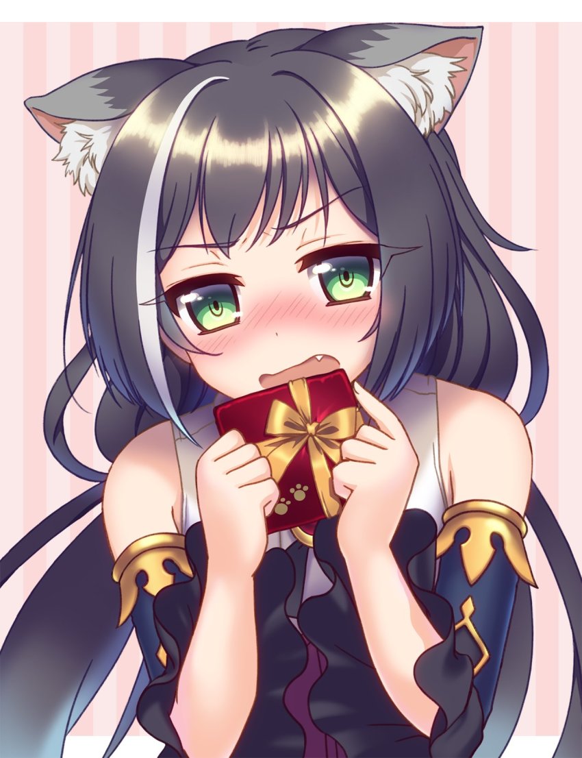 1girl, animal_ears, black_hair, blush, cat_ears, cat_girl, cat_tail, green_eyes