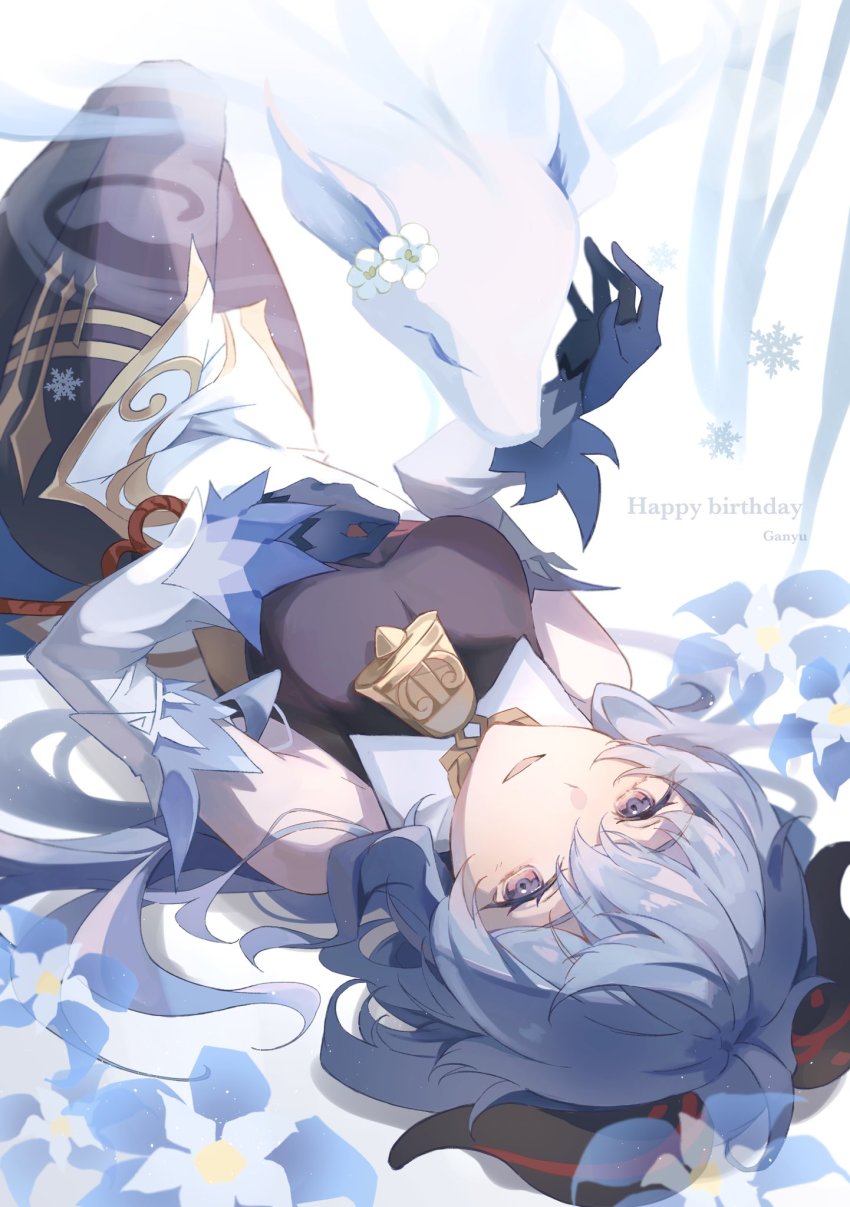 1girl, bare_shoulders, bell, black_gloves, black_legwear, blue_flower, blue_hair, blush